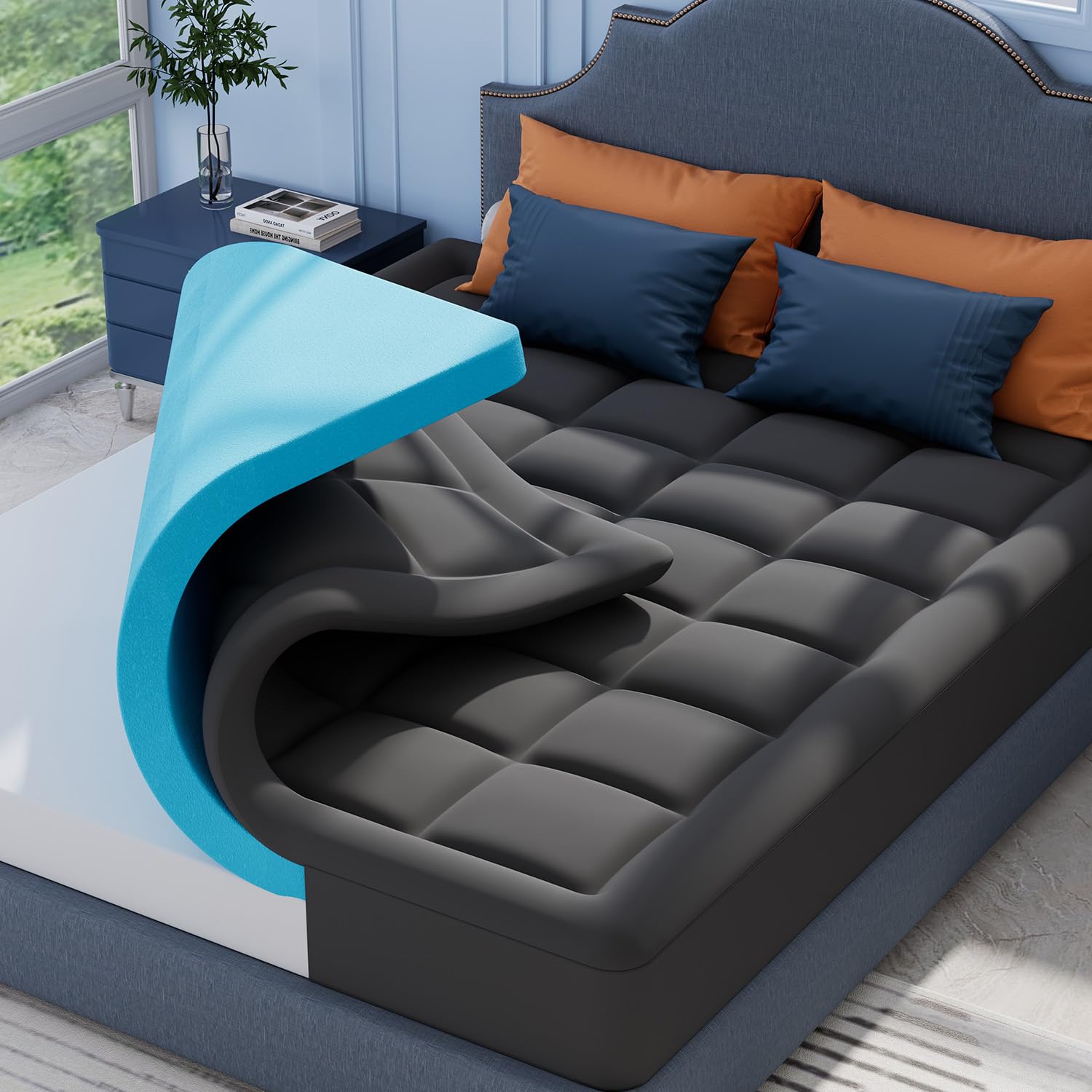 ELEMUSE Gray Memory Foam Mattress Topper with Fluffy Pillow Top Cover, Mattress Topper Double Bed for Back Pain Relief, with OEKO-TEX & CertiPUR-US (Double Size-135x190cm)
