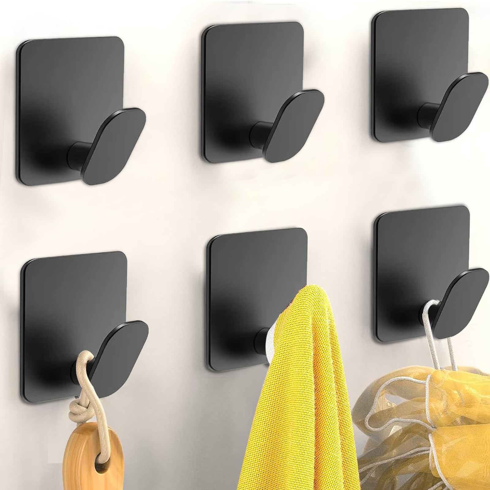 Yoawllty 6 Pcs Adhesive Wall Hooks, Towel Hooks, Heavy Duty Hook for Hanging Towels, Robes, Coats, Keys, Calendars, Stick on Bathroom/Room/Door/Kitchen SUS 304 Stainless Steel Hooks(black)