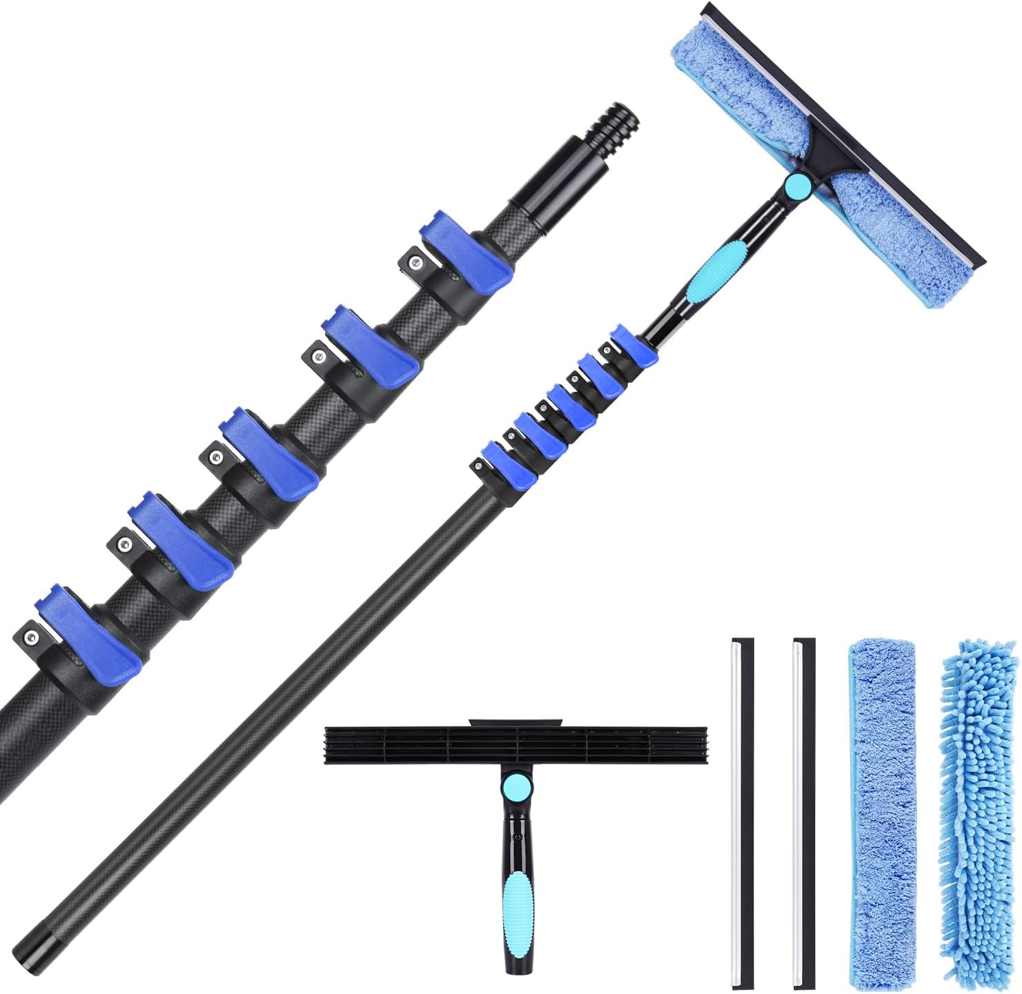 DOBEN 24-Foot Carbon Fiber Window Cleaner Tool with Telescopic Extension Pole, Rotating Scrubber & Squeegee - Durable Lightweight Design for Indoor/Outdoor Glass Cleaning