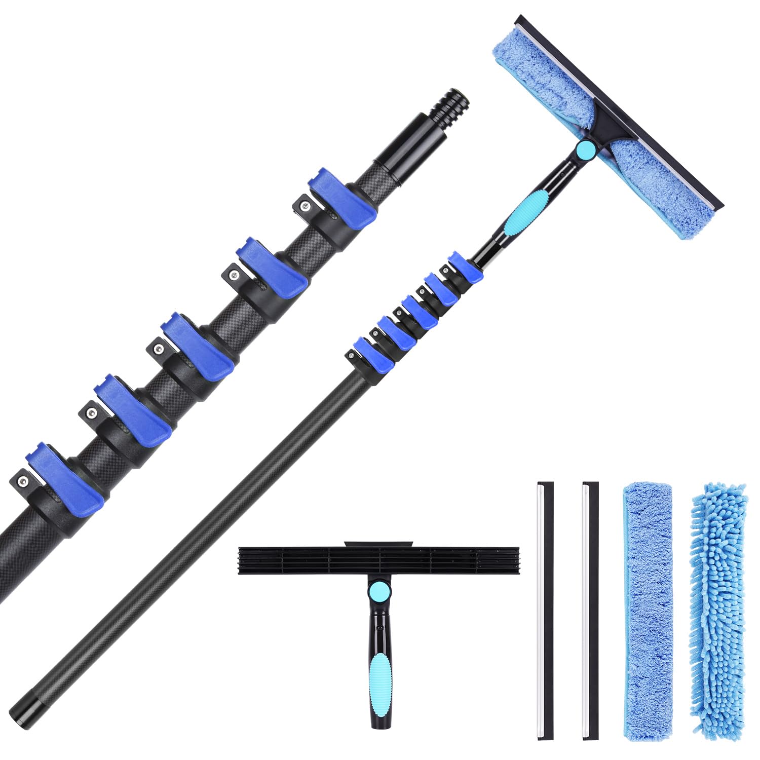 DOBEN 24-Foot Carbon Fiber Window Cleaner Tool with Telescopic Extension Pole, Rotating Scrubber & Squeegee - Durable Lightweight Design for Indoor/