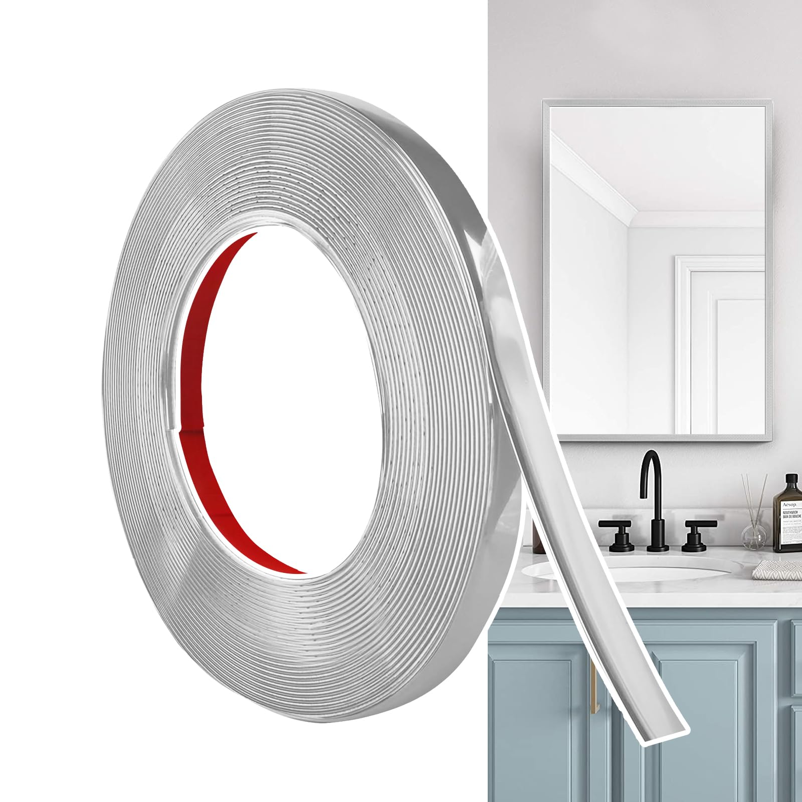 Hengrongshen Self Adhesive Moulding Trim Matte Silver (12M x 1cm) Flexible PVC Peel and Stick Wall Trim Decorative Edge Strip for Wall, Tile, Mirror, Window, Cabinet, Bathroom, DIY Trim