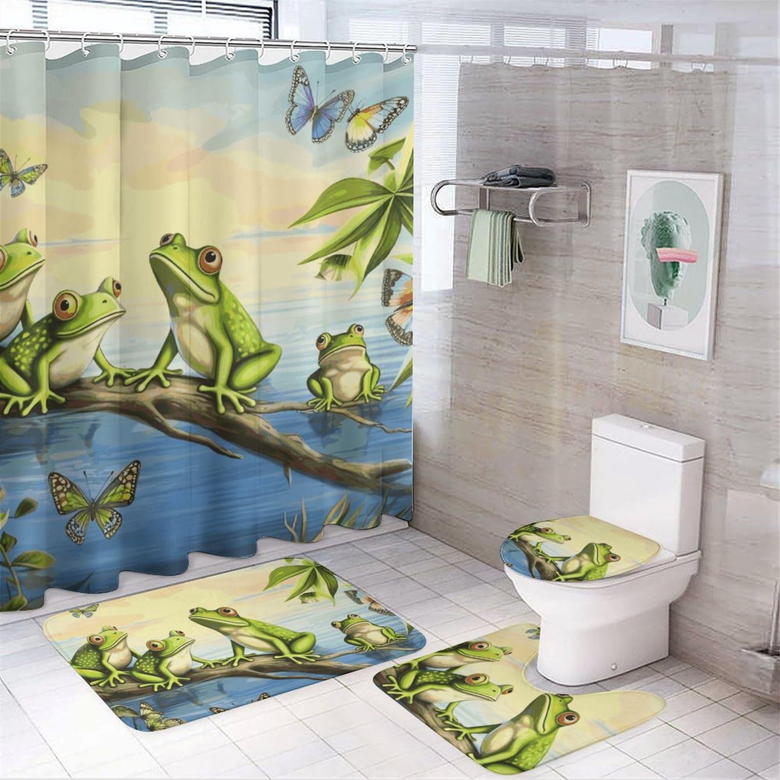 Rideau de douche moderne motif grenouilles et tapis de bain lavables