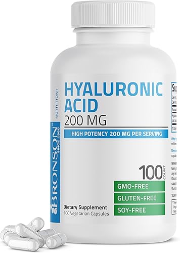Bronson Ácido hialurónico 200 mg de alta potencia para la salud de las articulaciones y apoyo para la piel saludable, sin OMG, 100 cápsulas
