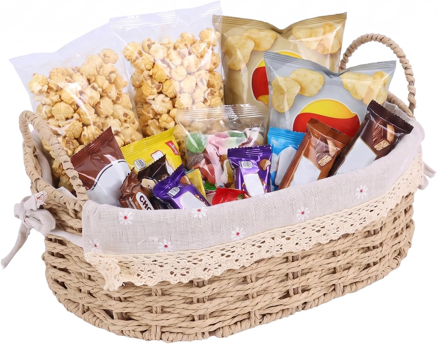Movie Night Snack Basket with Handles, Woven Rattan Storage Organizer with Fabric Liner for Popcorn, Candy and Drinks, Home Theater Decor for Family Film Nights and Parties
