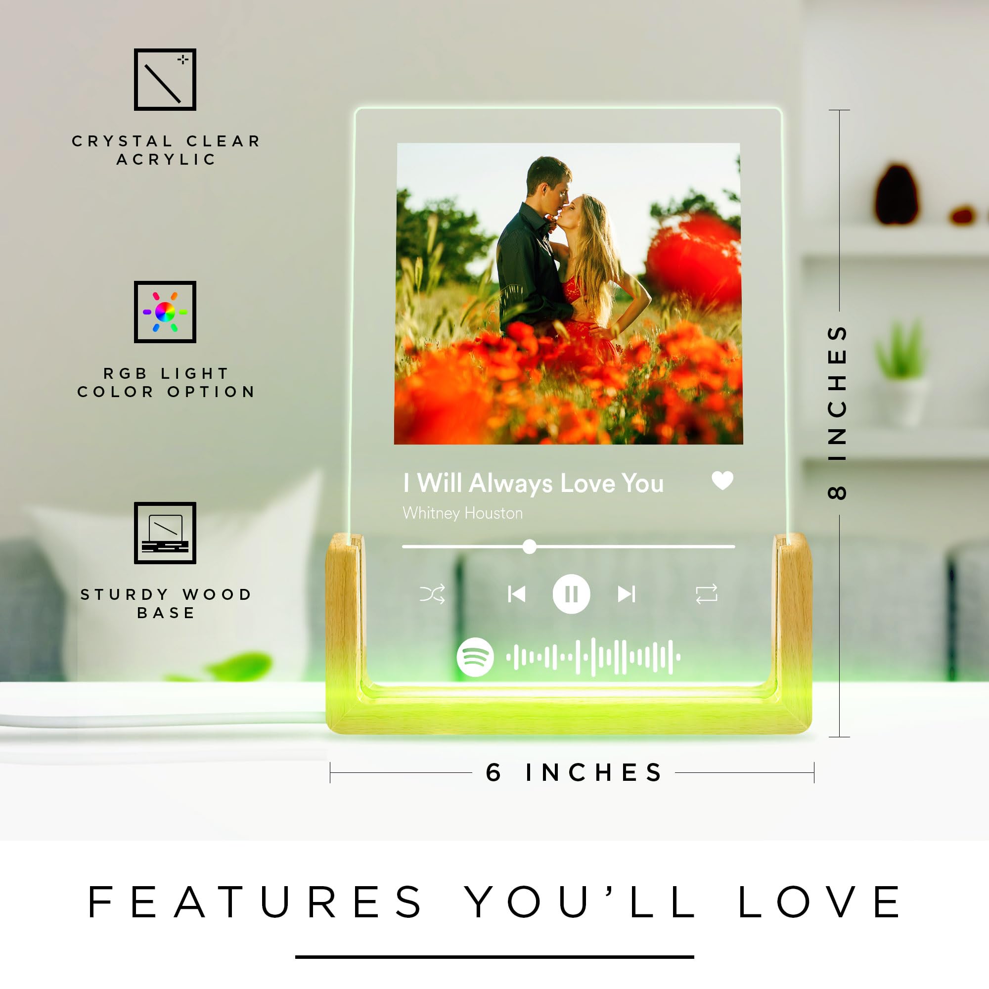 Personalized Gifts for Girlfriend, Mom, Her, Women, Wife, Mothers Day - Custom Spotify Plaque, Customized Picture Frame For Couple, Boyfriend, Him, Anniversary and Birthday, 6"x8" Acrylic Photo