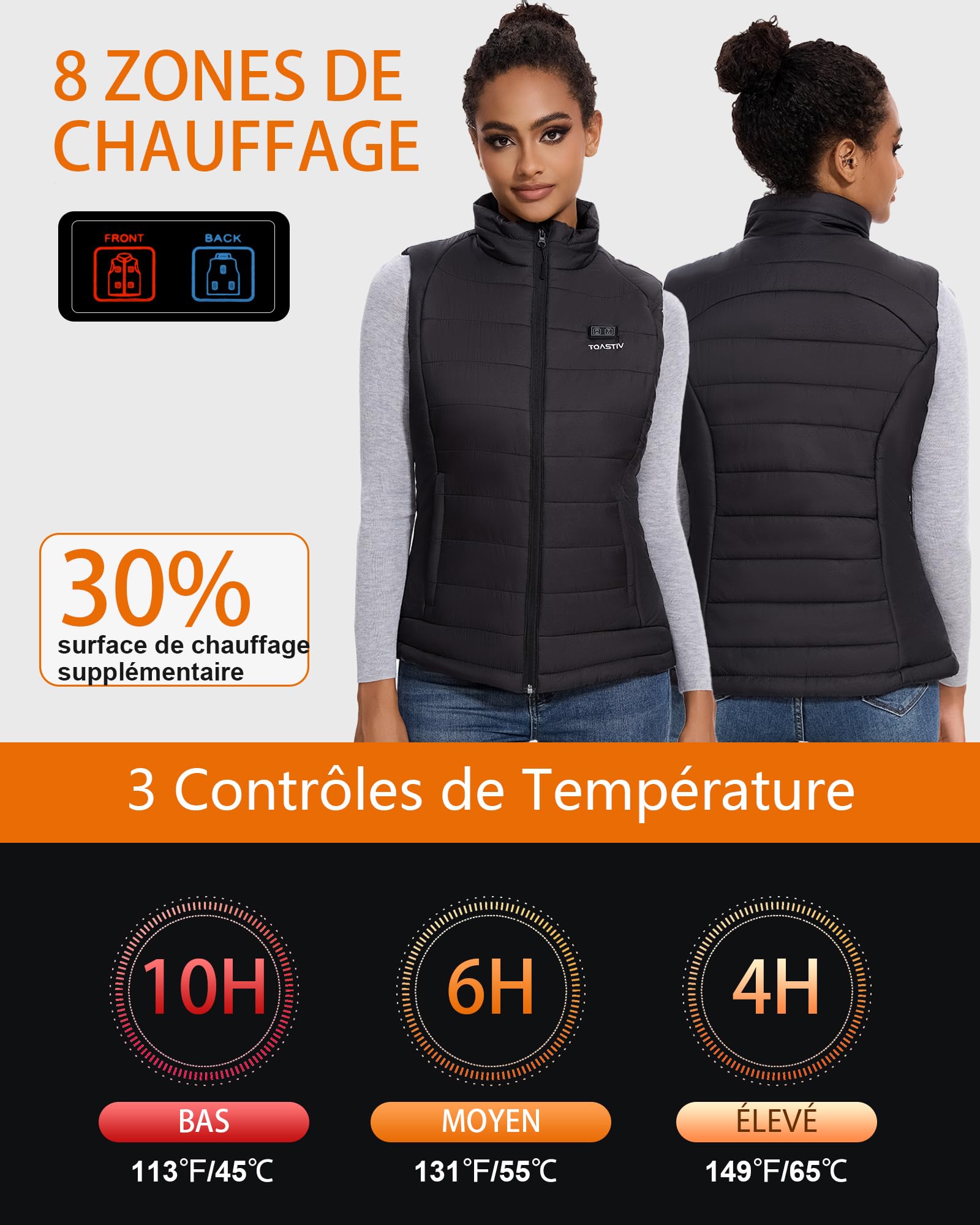 Gilet Chauffant Femme 16000mAh 7.4V 8 Zones de Chauffage 3 Niveaux de Température Réglables Lavable Plein Air
