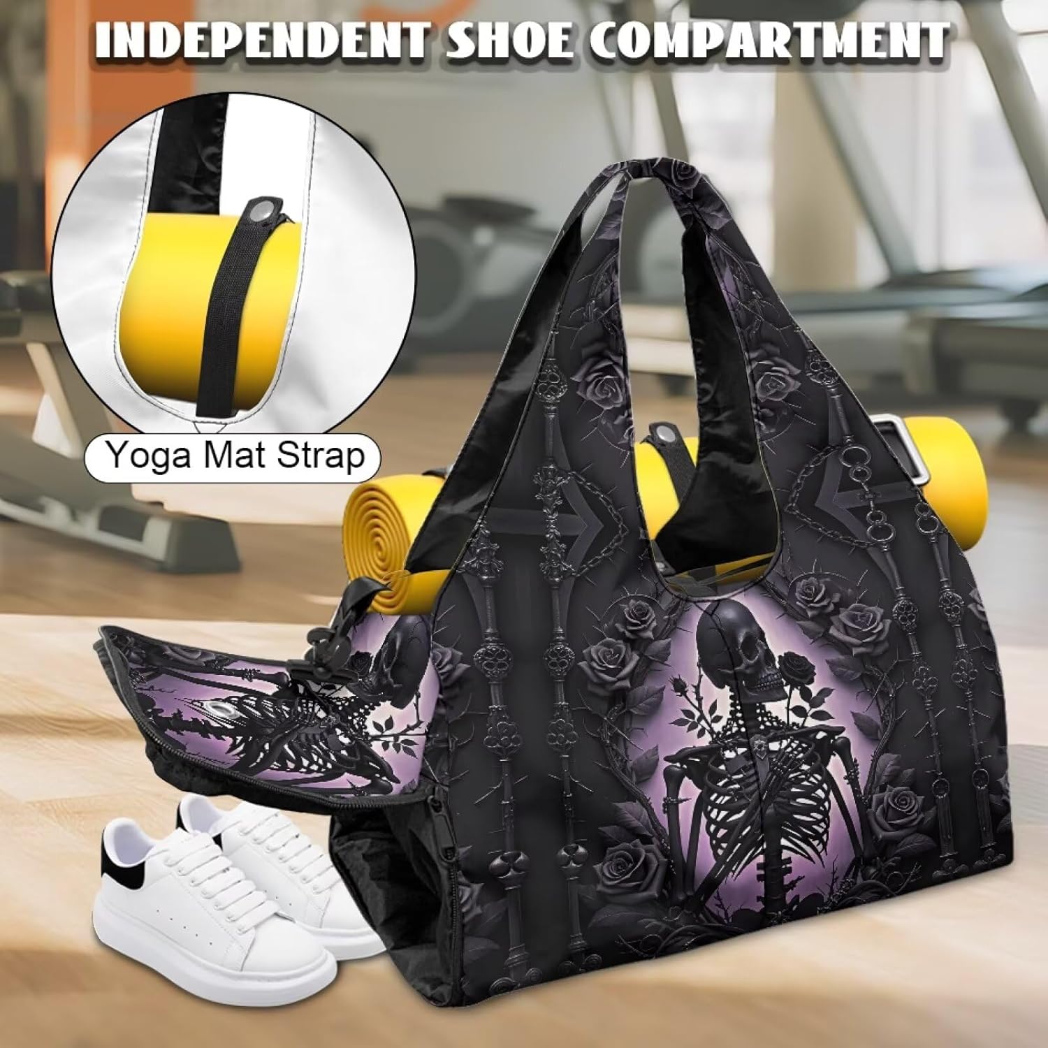 Goth Rose Bat Yoga Gym Bags for Women with Yoga Mat Holder Crow Skull Shoes Compartment Tote Handbag for Travel