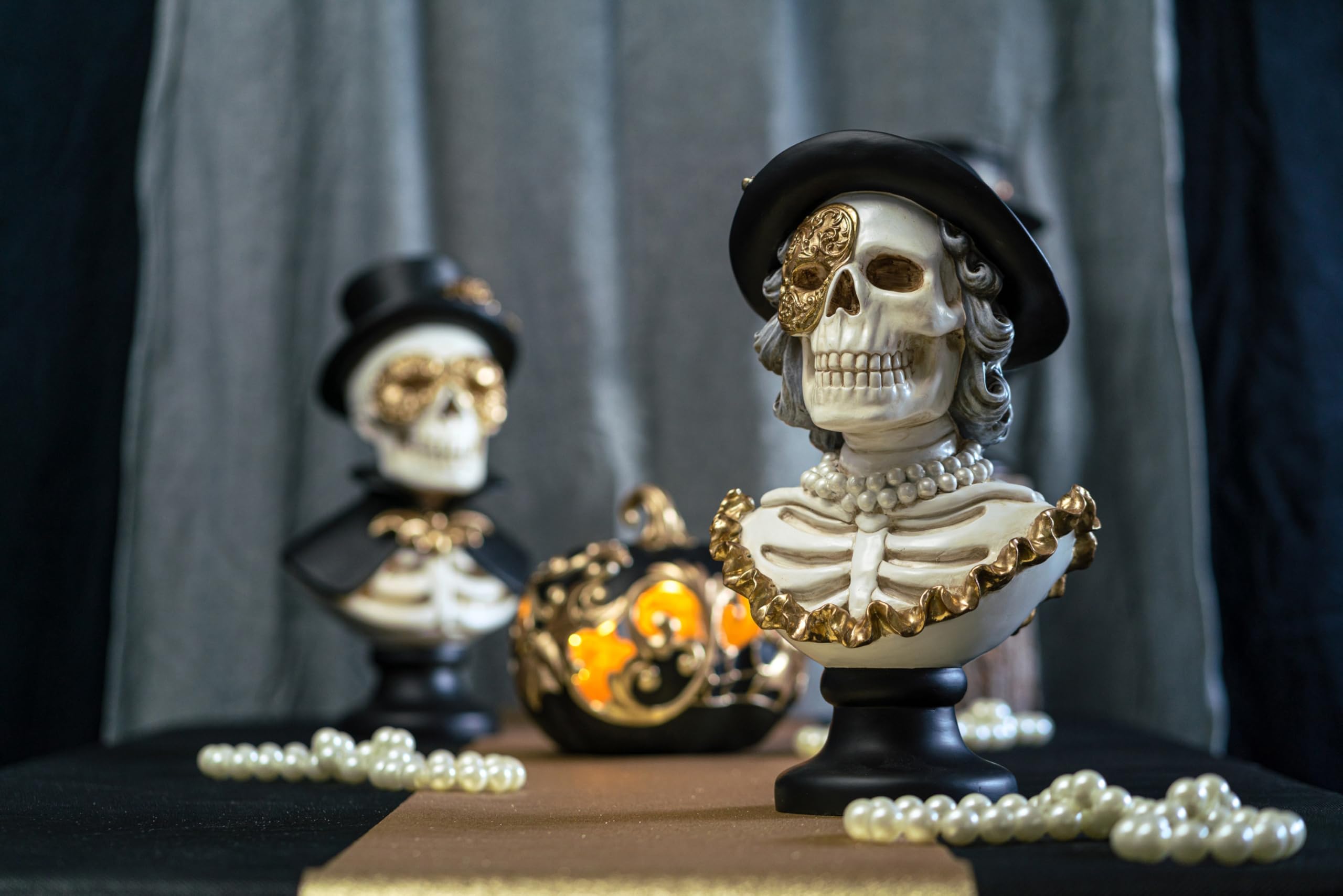Chaks - Busto de esqueleto de estilo veneciano, figura XXL, figura decorativa de resina sintética con sombrero y máscara de baile para Halloween