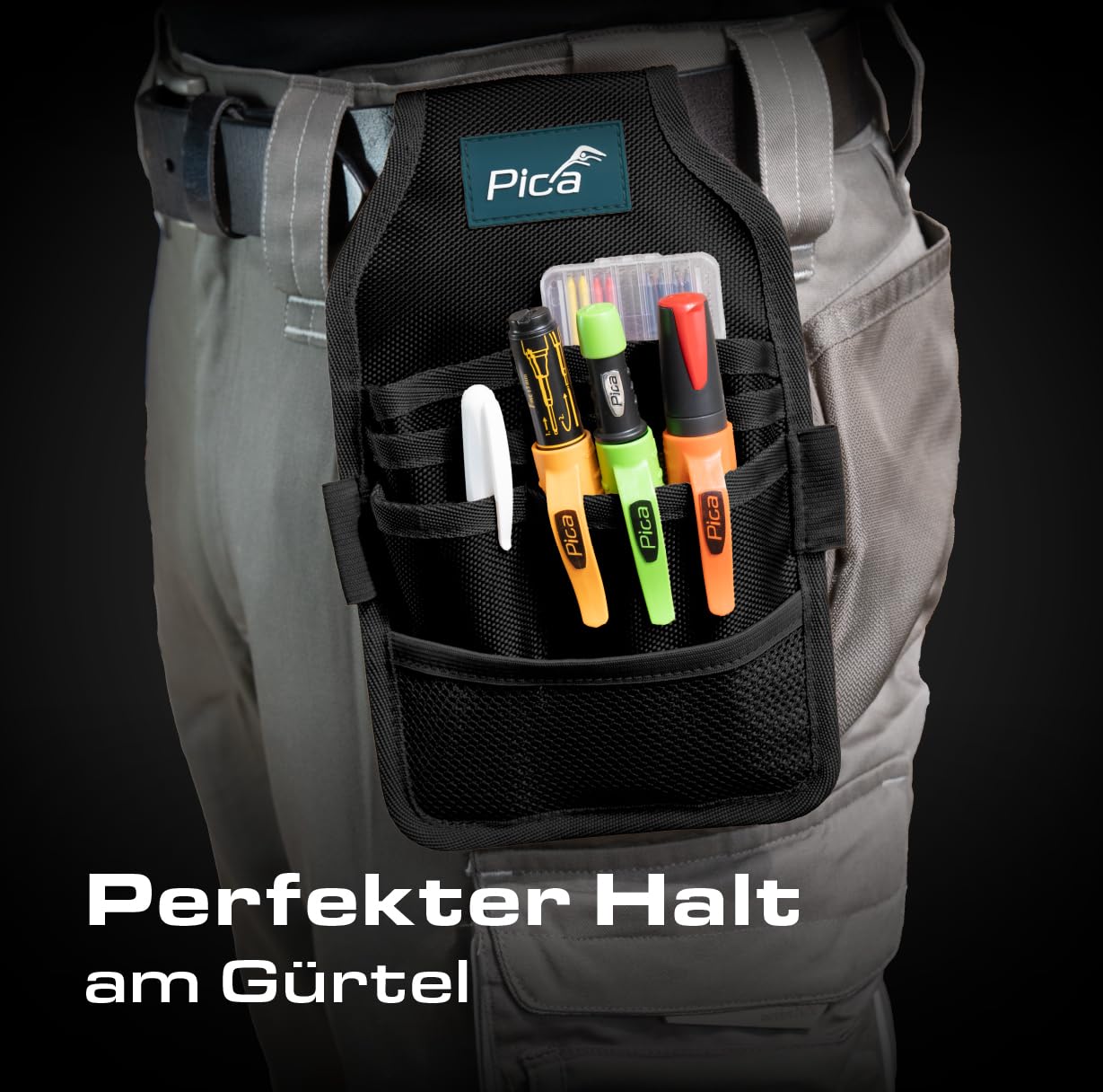 Pica Master Belt 55060 I hochwertige Gürteltasche I Werkzeuggürtel für Handwerker I enthält Pica Dry 3030, Dry Minen 4020, Ink schwarz, Visor Permanent 990/40, Instant-White Permanent Pen 532