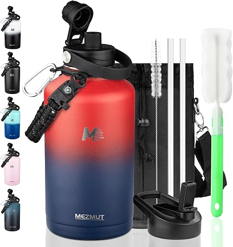 Botella de agua aislada de medio galón con popote y 2 tapas botella de agua de acero inoxidable de 64 onzas con mango de paracaídas termo de agua