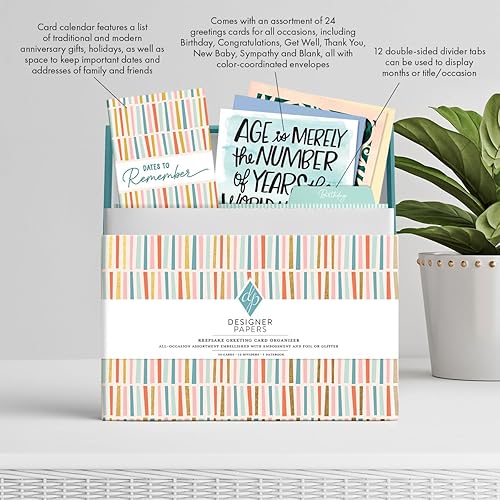 Miniatura 7 de Designer Papers - Tarjetas de felicitación para todas las ocasiones (24 tarjetas con sobres), caja organizadora a rayas multicolor  Cumpleaños,