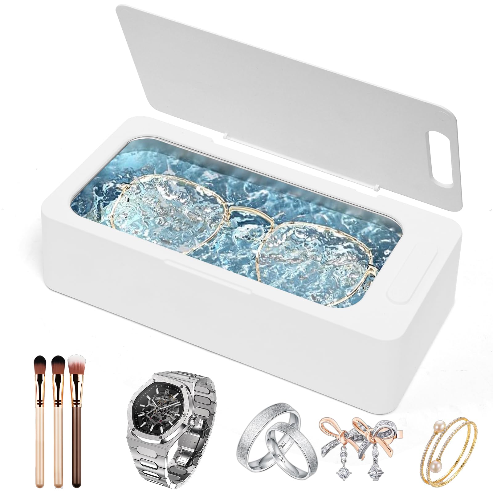 ultrasonic jewelry ring cleaner,23oz portable jewelry cleaner ultrasonic machine for eyeglass,silver,watches, ring, makeup brush,earrings with 304 stainless steel tank(540ml),3 timings