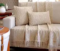 KIT MANTA SOFA TRICO CARMEN 150X90cm + 2 CAPAS DE ALMOFADA 45x45cm Cor:linho papiro