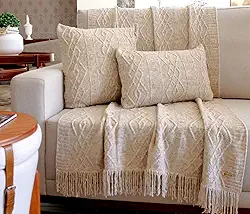 KIT MANTA SOFA TRICO CARMEN 150X90cm + 2 CAPAS DE ALMOFADA 45x45cm Cor:linho papiro