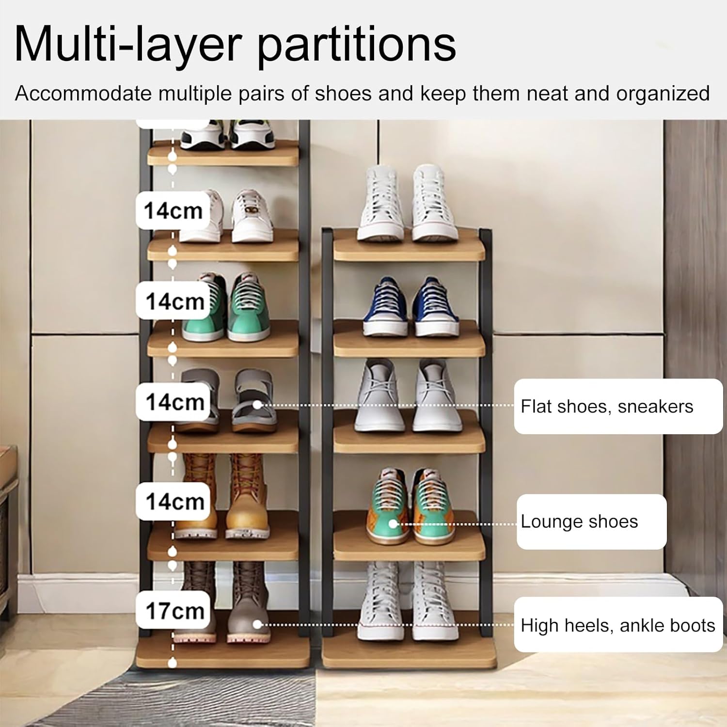 オープンシェルフ付き縦型木製シューズラック 細幅シューズ収納ユニット 金属製脚付き 玄関 リビングルーム 寝室 廊下用 - 143c