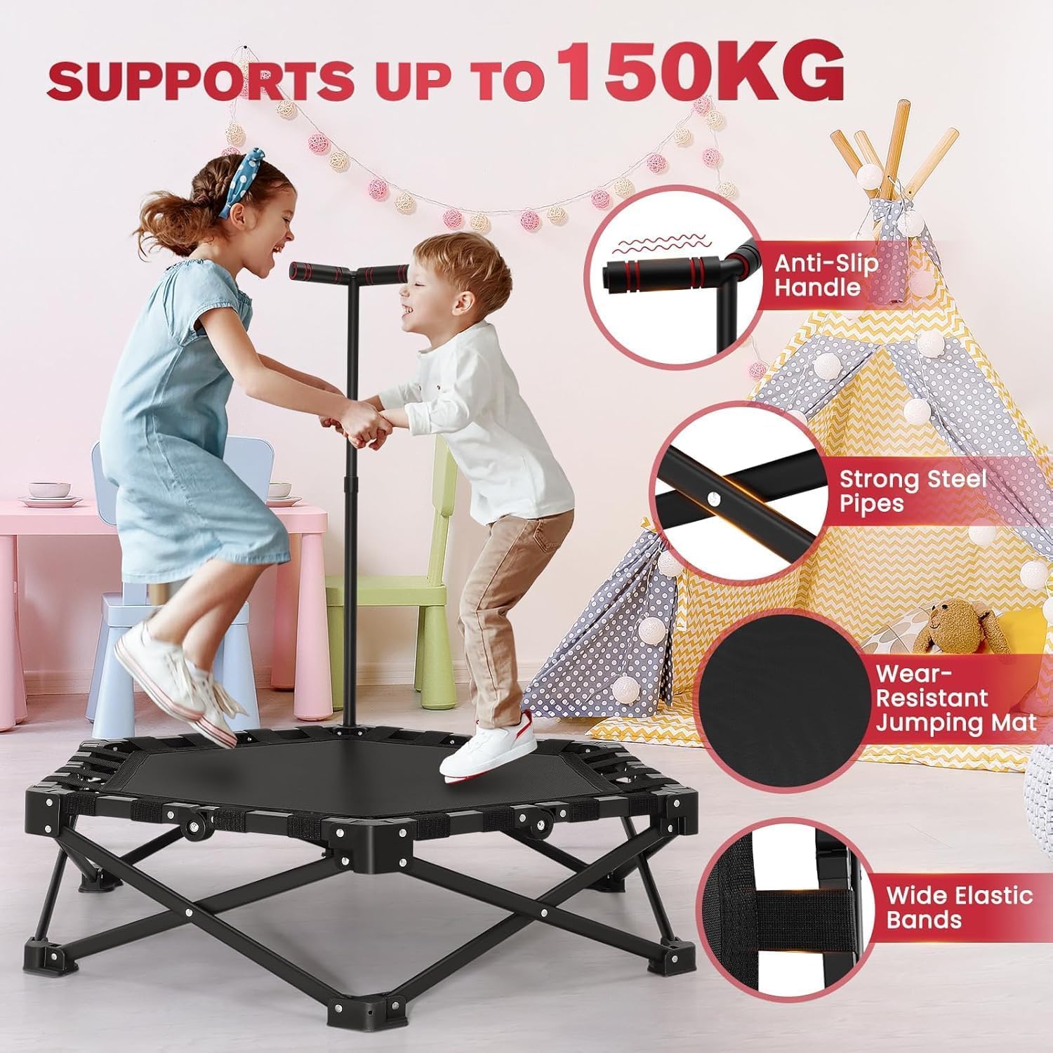 Fitness Trampolin klappbar,150KG Tragfähigkeit 3 verstellbare Handgriffstufen klappbar Tragbares mit geräuscharmes Design Stabiler&leiser Übungs-Rebounder für Kinder&Erwachsene