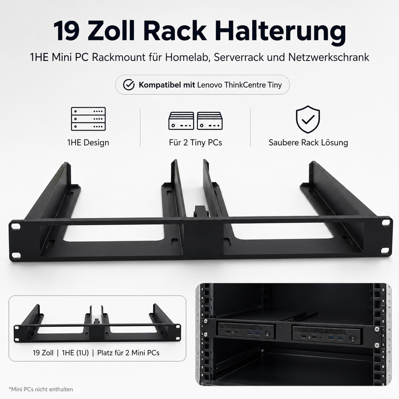 19 Zoll Rack Halterung für Lenovo ThinkCentre Tiny M720q M920q | 19 Zoll 1HE Rack Halterung für Lenovo ThinkCentre Tiny M720q M920q, ideal für Homelab und Serverrack