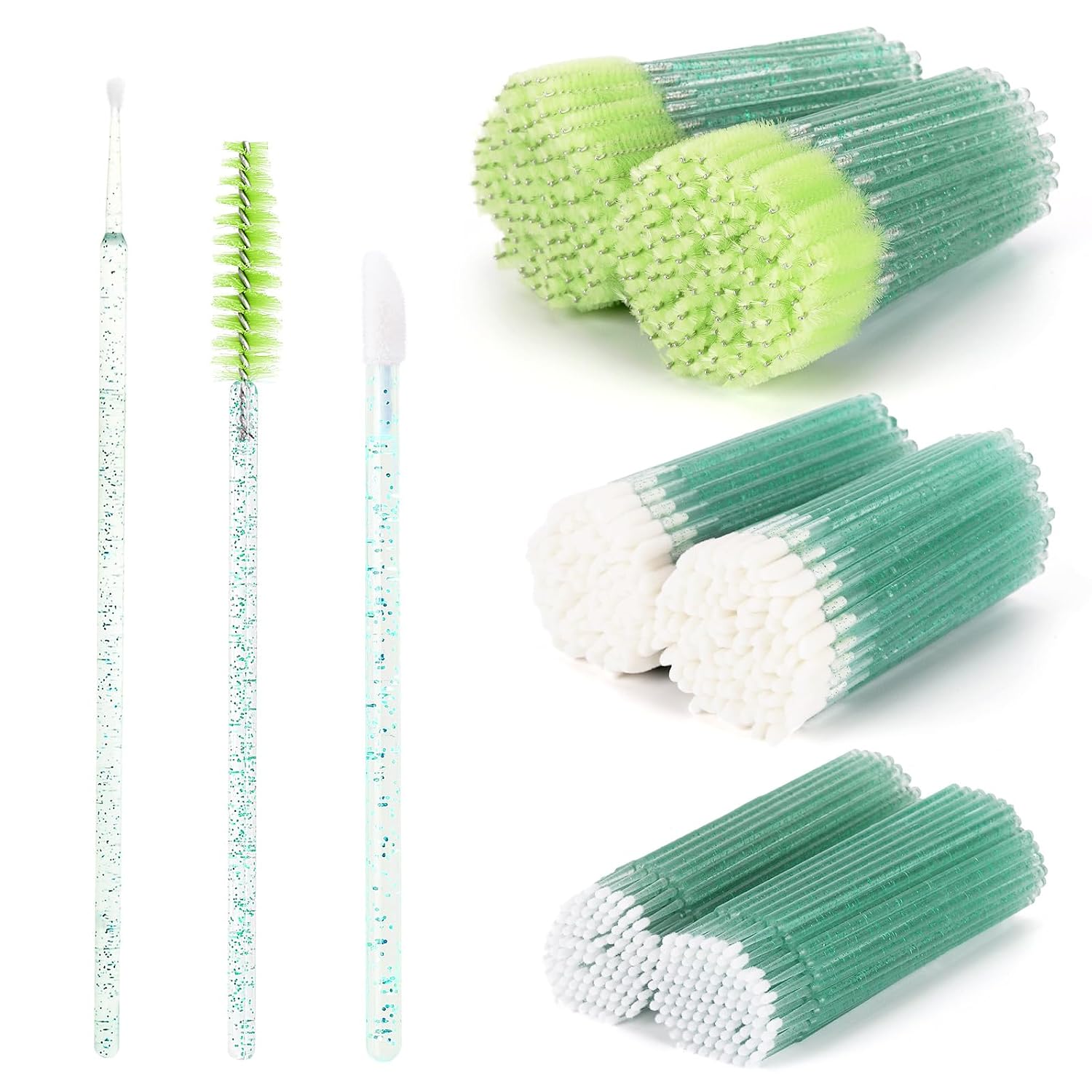 600 PCS Eyelash Extension Supplies Kit, 200 Spoolies Mascara Wands Disposable 200 Lip Brushes 200 Micro Swabs Green Eyelash Brushes Makeup Applicator Tool