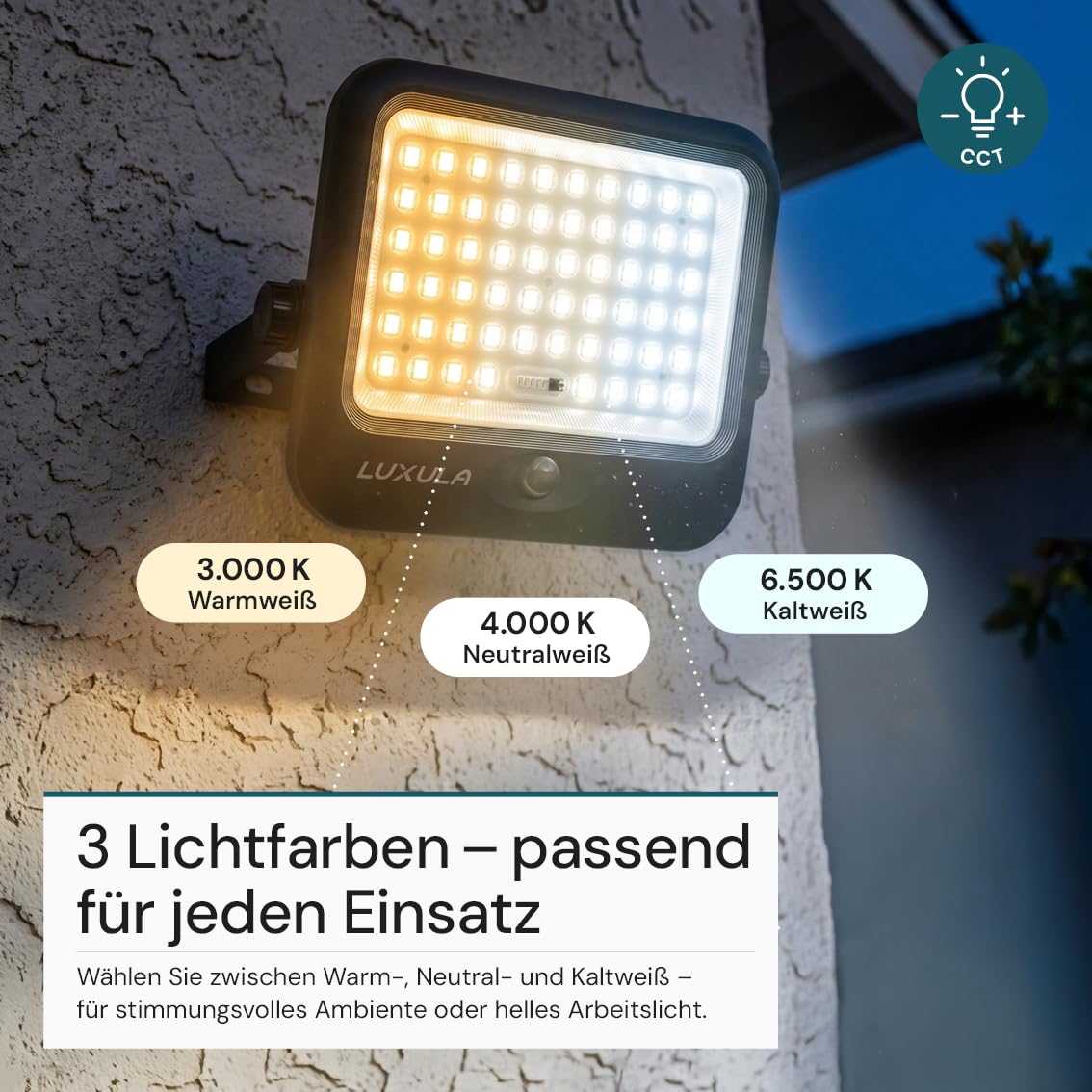 LUXULA LED Solarstrahler für außen 2 Stück, Außenstrahler Solar 20W mit Bewegungsmelder, Solar Strahler außen, Solarpanel mit Akku, 3CCT 3000K 4000K 6500K einstellbar, IP65, Fernbedienung, 2m Kabel