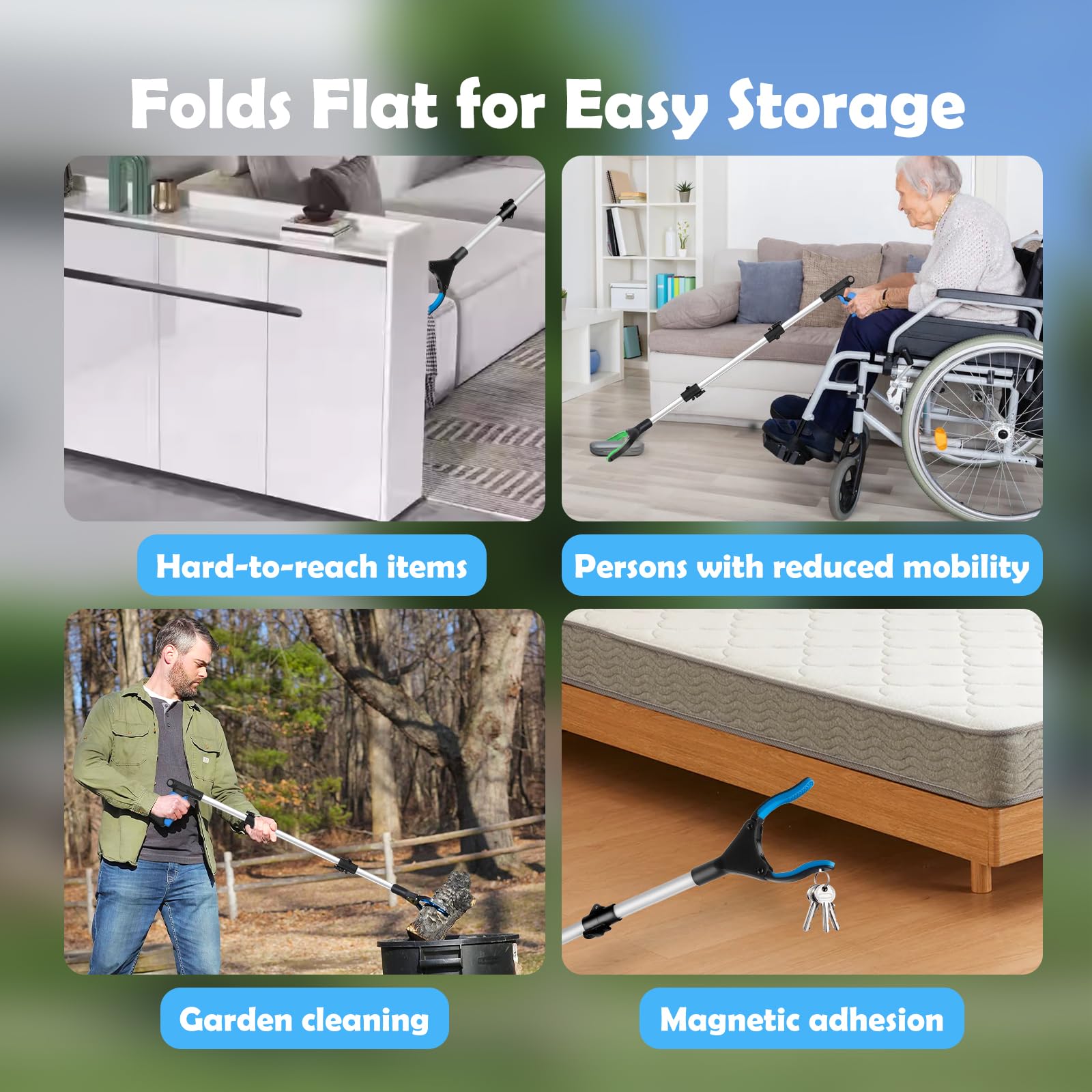 90 cm Pinza Recoge Objetos Plegable, Pinza Recoger Basura de Aluminio con Magnético, Herramienta de Captura con Cabezal Giratorio de 360°, Adecuado para Personas Mayores y Embarazadas, Azul — view 7