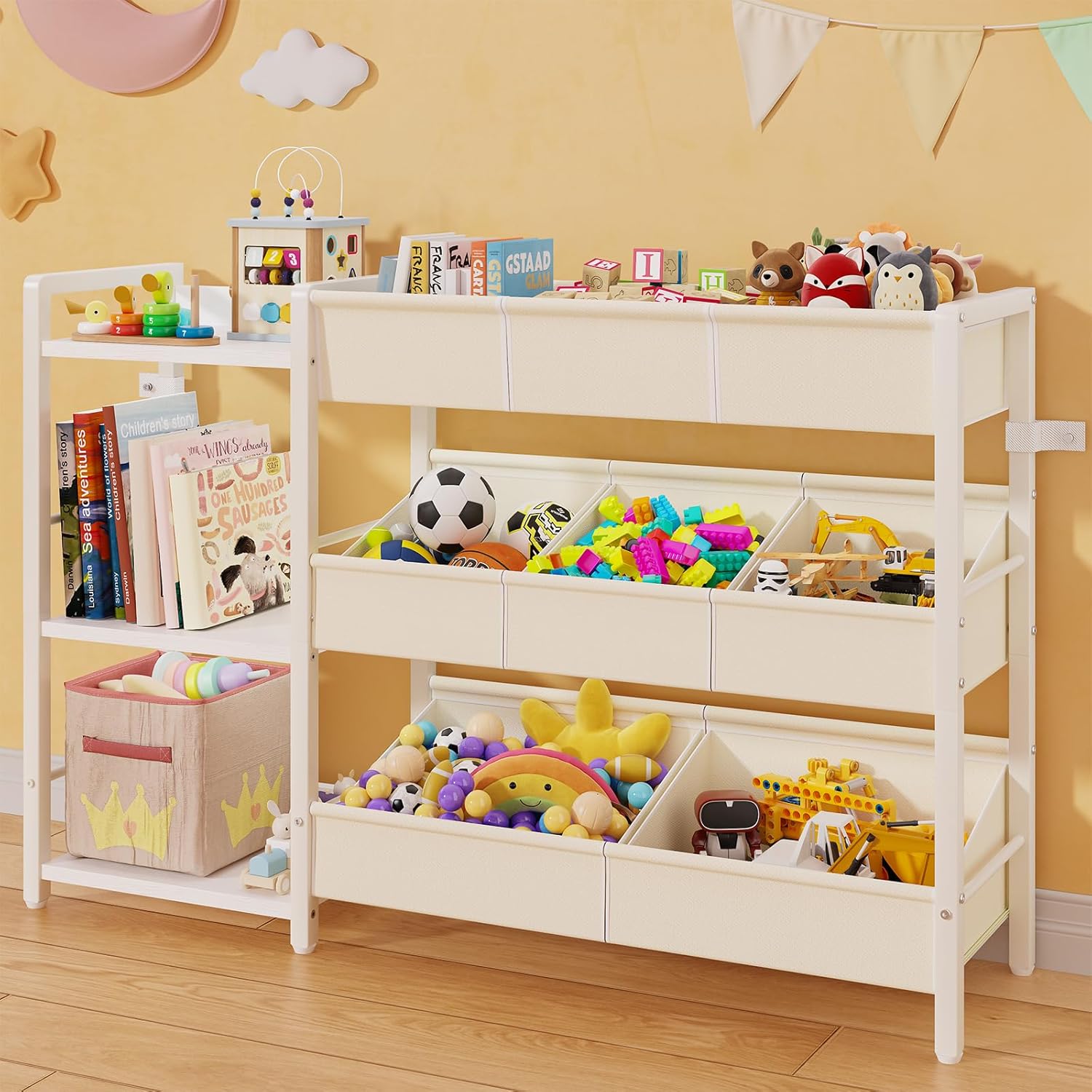 B7 Toy Storage Organizer with 3-Tier Wooden Shelves and 8 Bins, Toy Chest Storage, Toy Shelf Organizer, Kids Bookshelf and Toy Storage for Kids Room, Bedroom, Playroom, Nursery, White