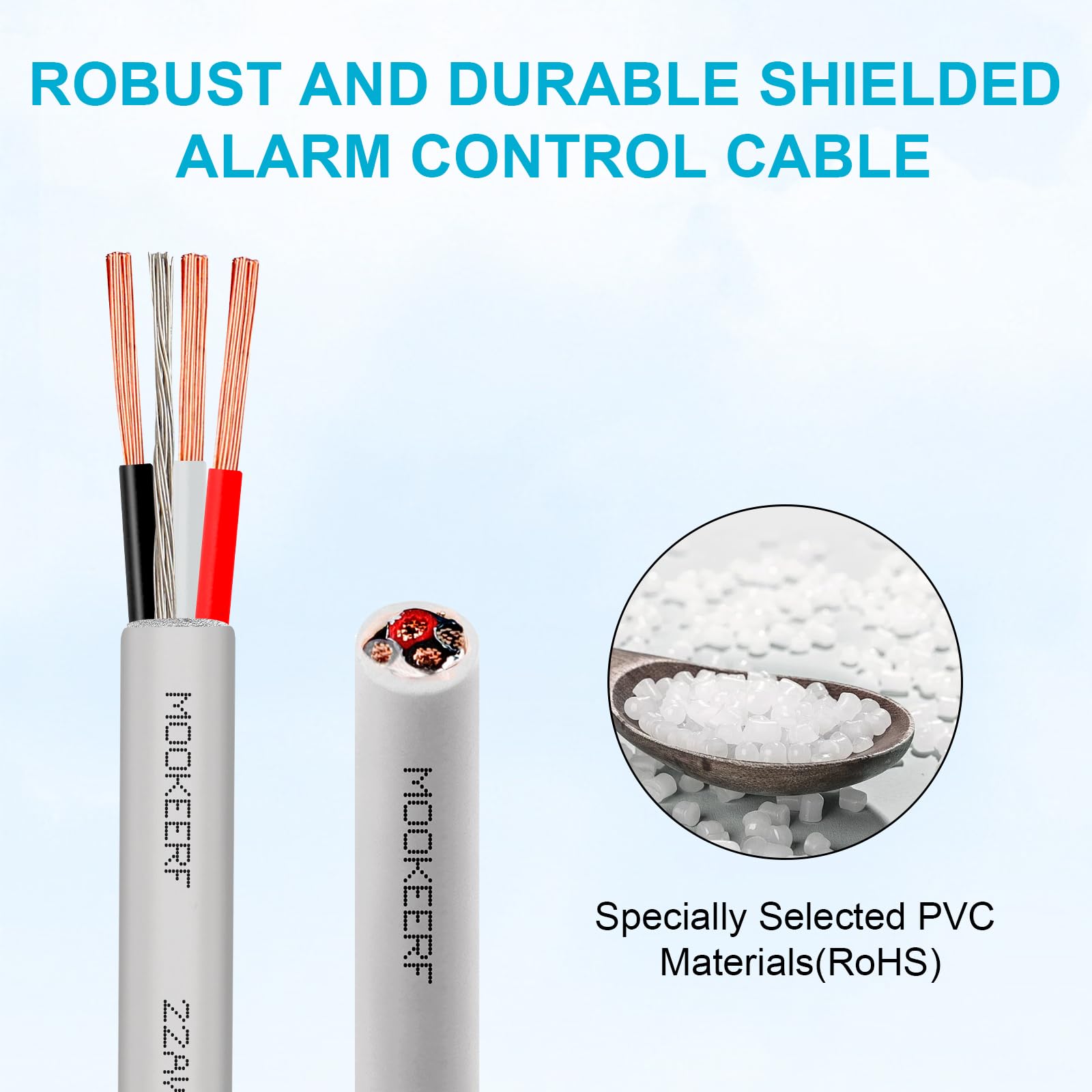 MOOKEERF Cavo schermato 22/3 22 AWG 3 Conduttore Schermato Plenum Cavo 200FT Bianco CL3P Giacca per Sicurezza/Allarme/Controllo Accesso/Suono-22AWG 3 Conduttori Filo