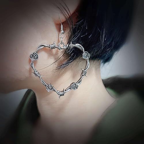 Miniatura 4 de Aretes de aro góticos de alambre de púas para mujer, aretes góticos de corazón negro, aretes punk grandes y gruesos, aretes colgantes grandes, Zinc