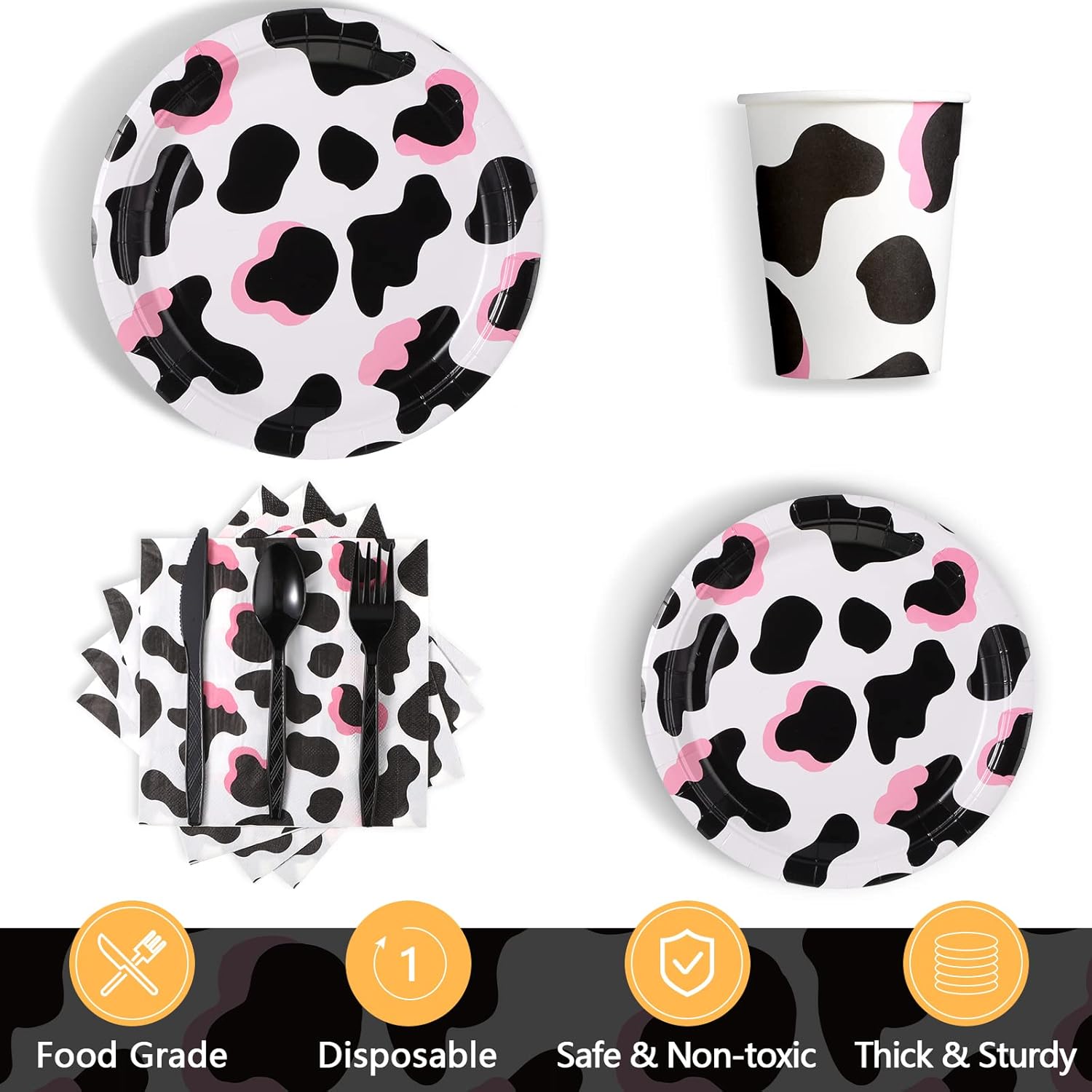 171 Pcs Pink Cow Print Party Supplies Included Plates Cups Napkins Knife Spoons Forks Tableware Serves for 24 Banner and Tablecloths for Girl Boy Cow Theme Farm Animal Birthday Baby Shower Decorations - Image 5