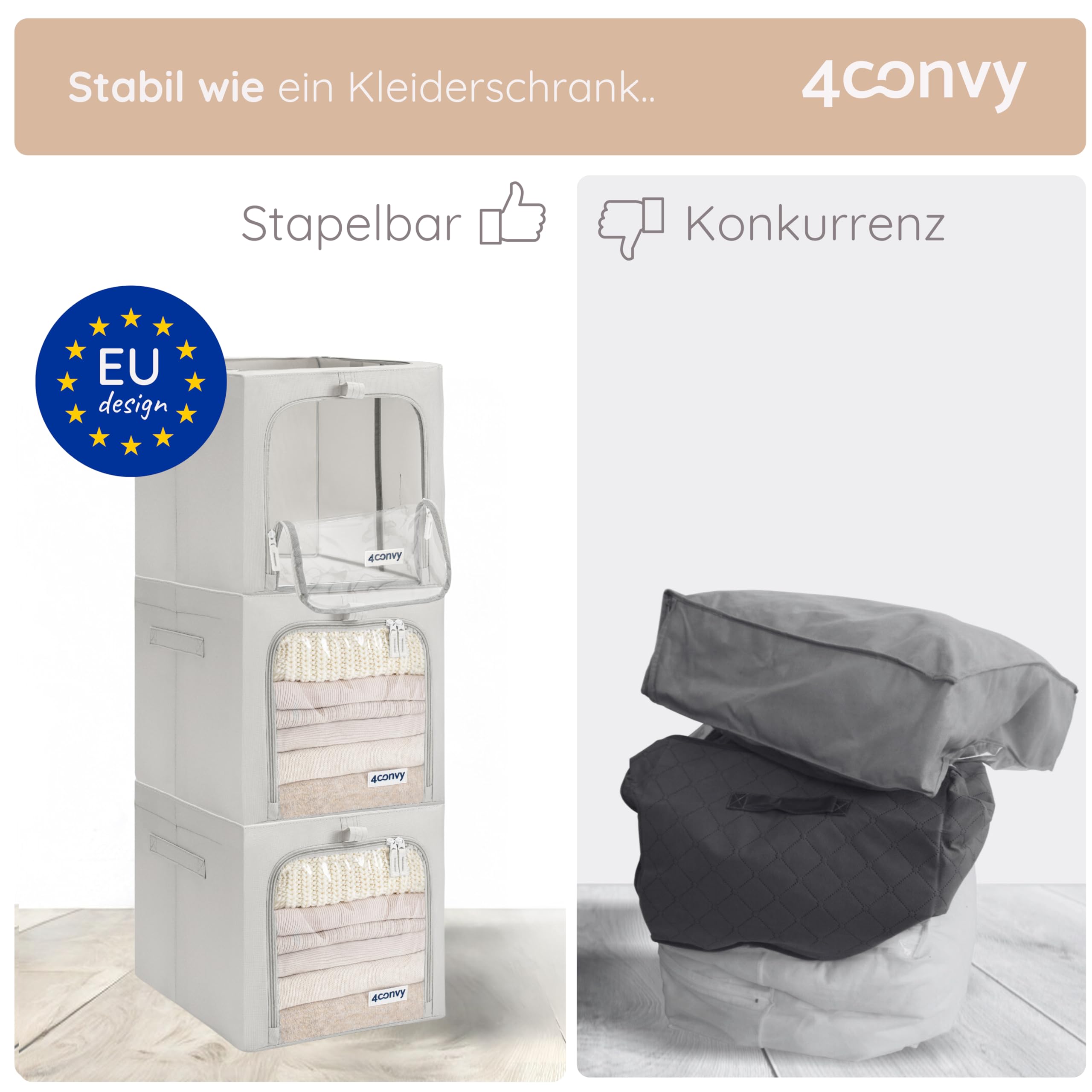 4CONVY feste faltbare Kleideraufbewahrung Box mit Metallrahmen, 2 transparente Fenster - [2024 VERBESSERTES MATERIAL] Aufbewahrungstasche für Bettdecken – stabile Aufbewahrungsbox für Kleidung - 3x40L