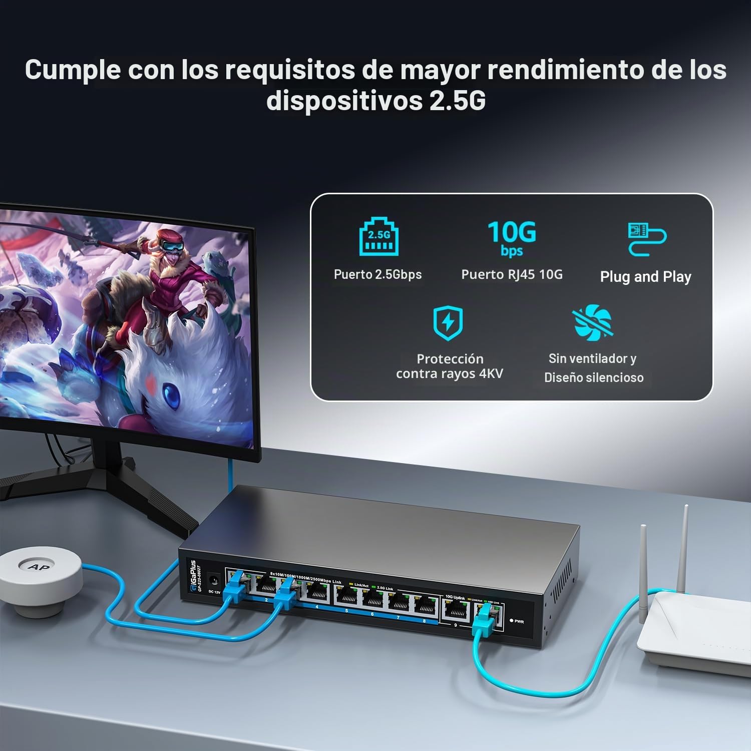Conmutador Ethernet no administrado de 10 puertos y 10G con 8 puertos 2.5G Base-T y 2 puertos RJ45 10G. Capacidad de conmutación de 80 Gbps. Conmutador de red GiGaPlus de 10Gb para NAS/PC de 2.5G/10Gb