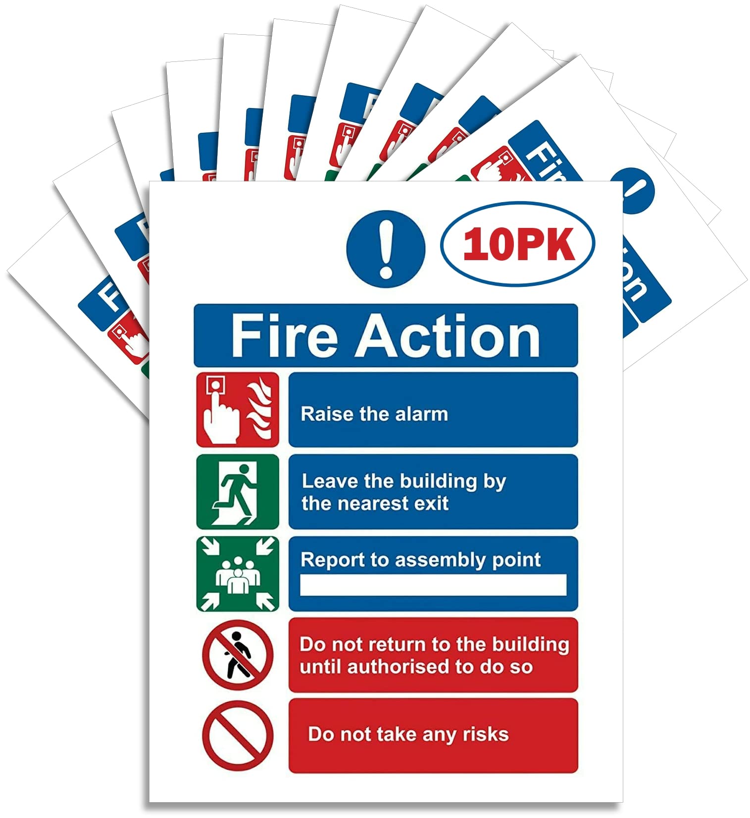 RubiGo - Fire Action Notice Sign. 10PK 20x15cm, Fire Exit Sign High Gloss Self Adhesive Sticker - Fire Safety Signs Fire Signage Stickers Fire Escape Sign (10)