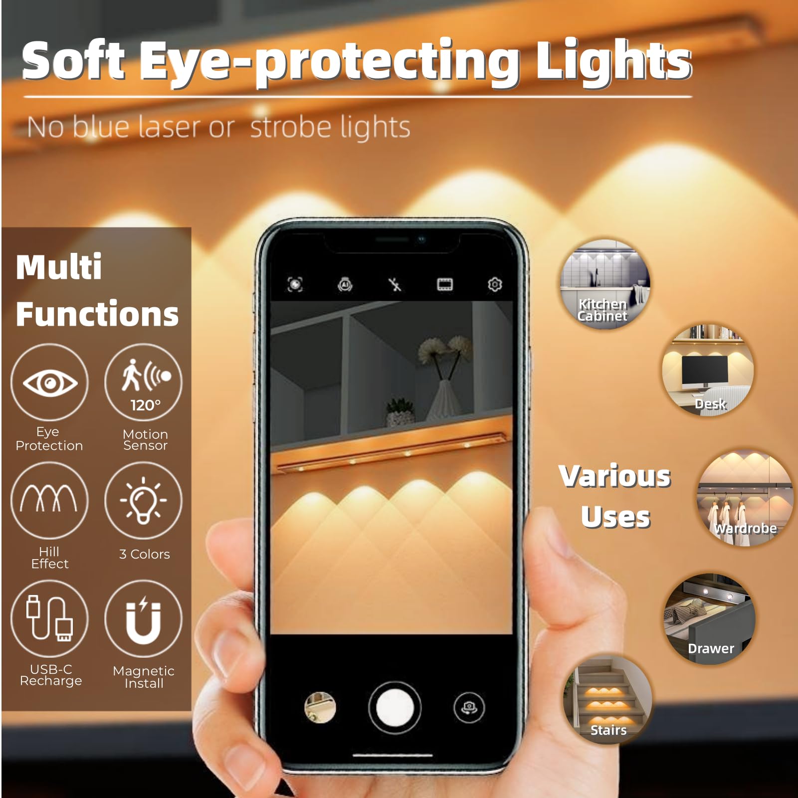 GARTO Under Cabinet Lights 2 Packs,Long Size Motion Sensor Under Counter Lights,Dimmable Hill Effect USB Rechargeable Closet LED Light for Kitchen Wardrobe Stairs Bedroom(Silver, 26.77inch-2 Pack)