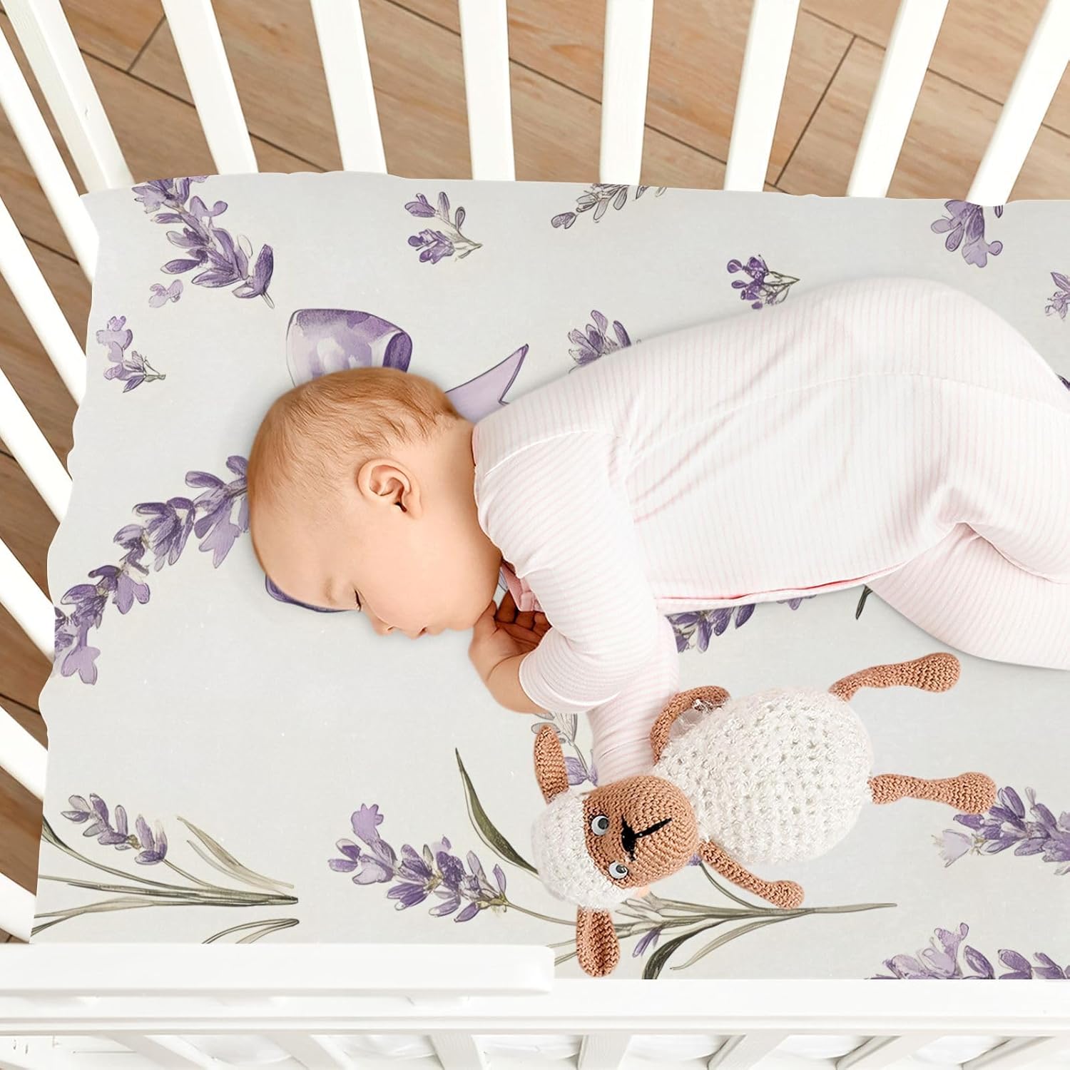 Bows and Lavender Soft Baby Crib Sheets for Boys Girls, Stretchy Fitted Toddler Bed Sheets, Breathable Crib Mattress Sheet for Baby