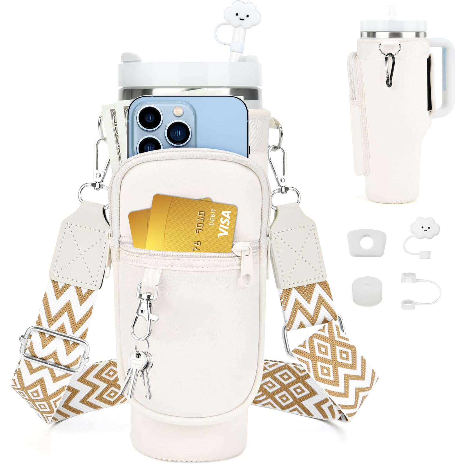 Carry Bag for Stanley Cup 40 oz, Water Bottle Carrier with Adjustable Shoulder Strap, Phone Pocket, Leak-Proof Silicone Plugs, Stanley Cup Straw Cover (White, 1183 ml, Neopren)
