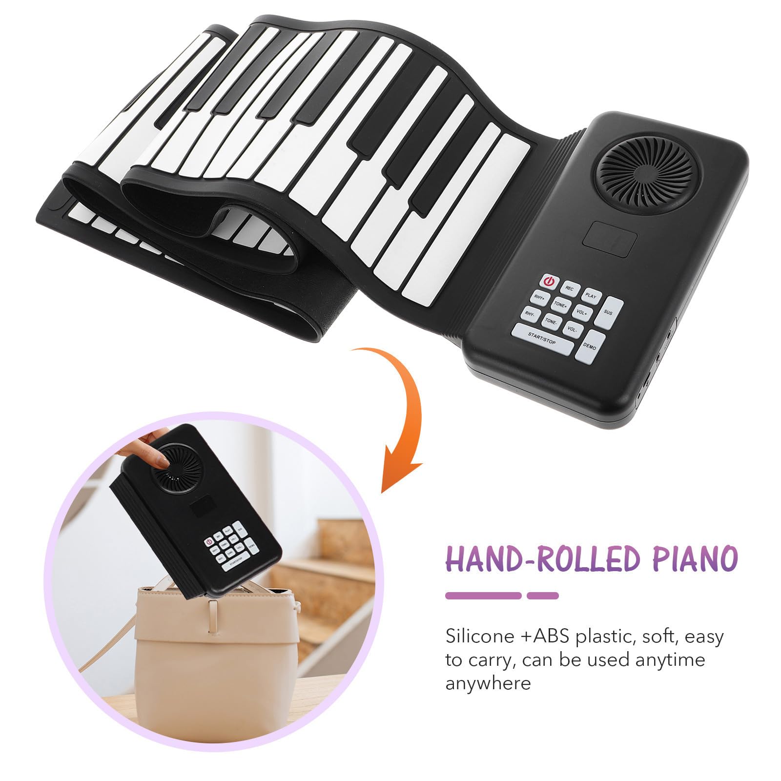 MERRYHAPY Pianoforte Nero 88 Tasti Arrotolabile Elettronico in Silicone Tastiera Portatile Alimentata a Batteria e USB per Viaggi e Pratica Musicale