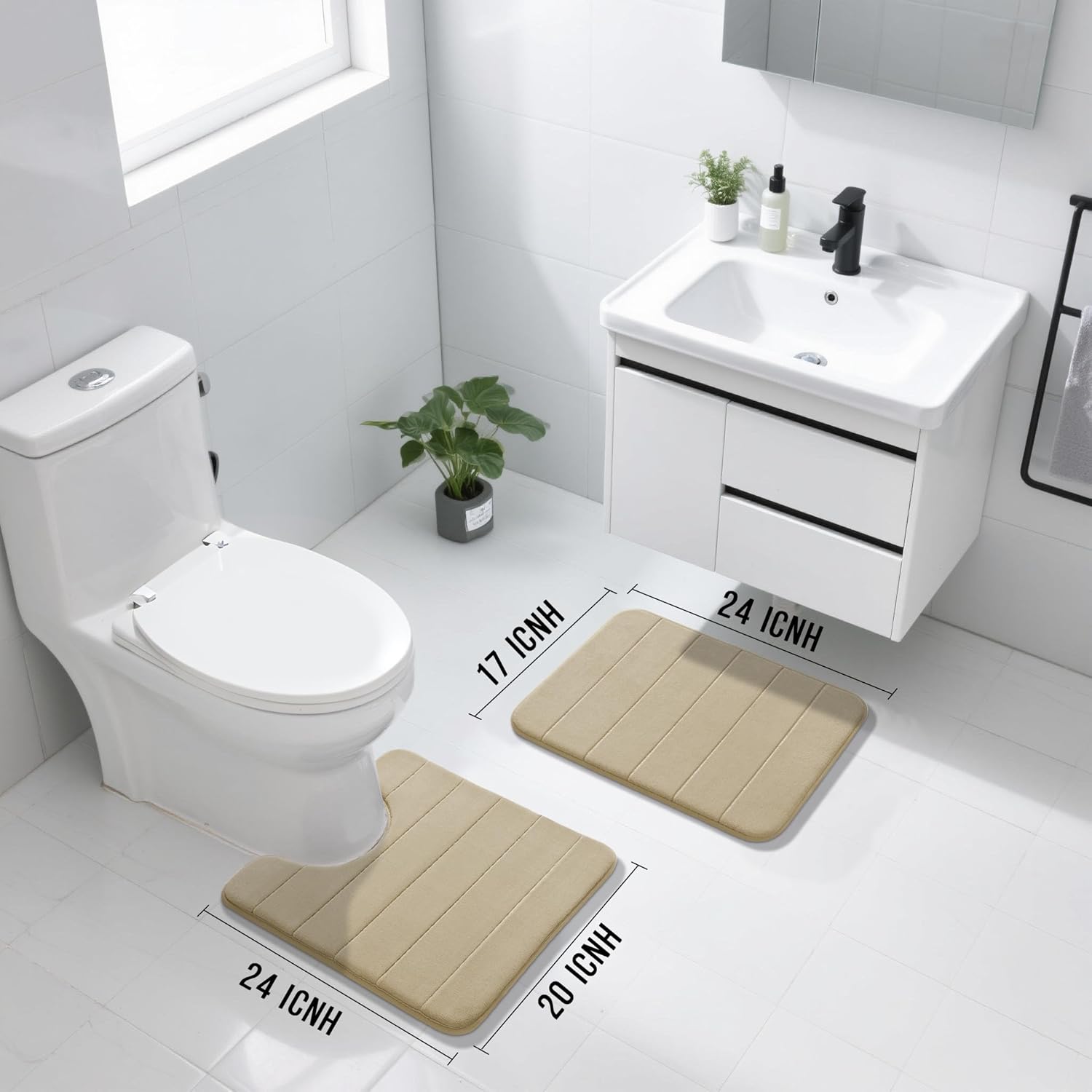 Yimobra U-Shaped Toilet Bath Mat Set 2 Piece - Soft Absorbent Quick Dry Memory Foam Bathroom Rugs, Machine Washable Non Slip Floor Carpet for Tub Shower & Single Sink (17x24 & 24x20, Pale Khaki) - Image 2