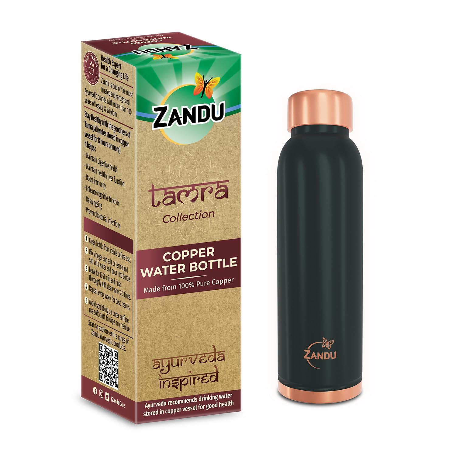 Zandu Copper Bottle (Green): Prepared with 100% Pure Copper | Useful in Promoting Overall Health (Pack of 950 ml)