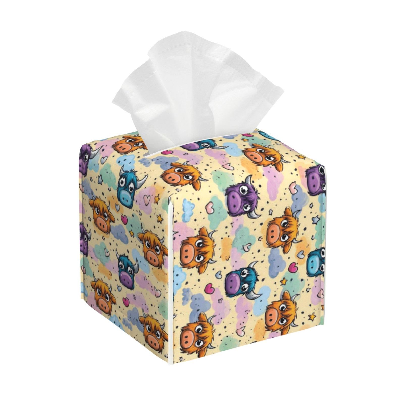 Kawaii Rainbow Cow Print Tissue Box Cover Holder Square, Foldable Modern Cube Tissue Box Cover, Leather Decorative Organizer for Tabletop Bathroom Car Office Desk Decor