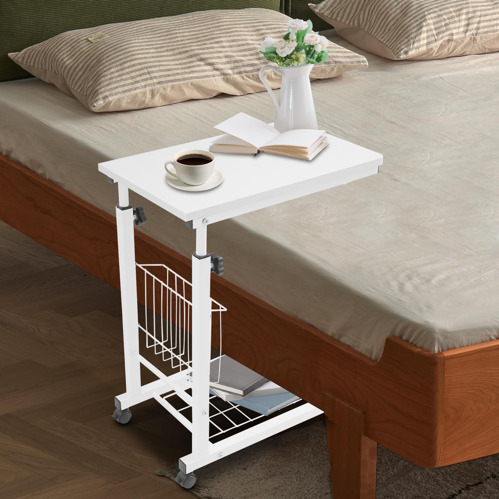 CNCEST Adjustable Bed Side Table, 2 Tiers Side Table with Wheels, C-Shaped Mobile Standalone Tables for Restaurants, Living Rooms, Studies, Kitchens (Pure White)