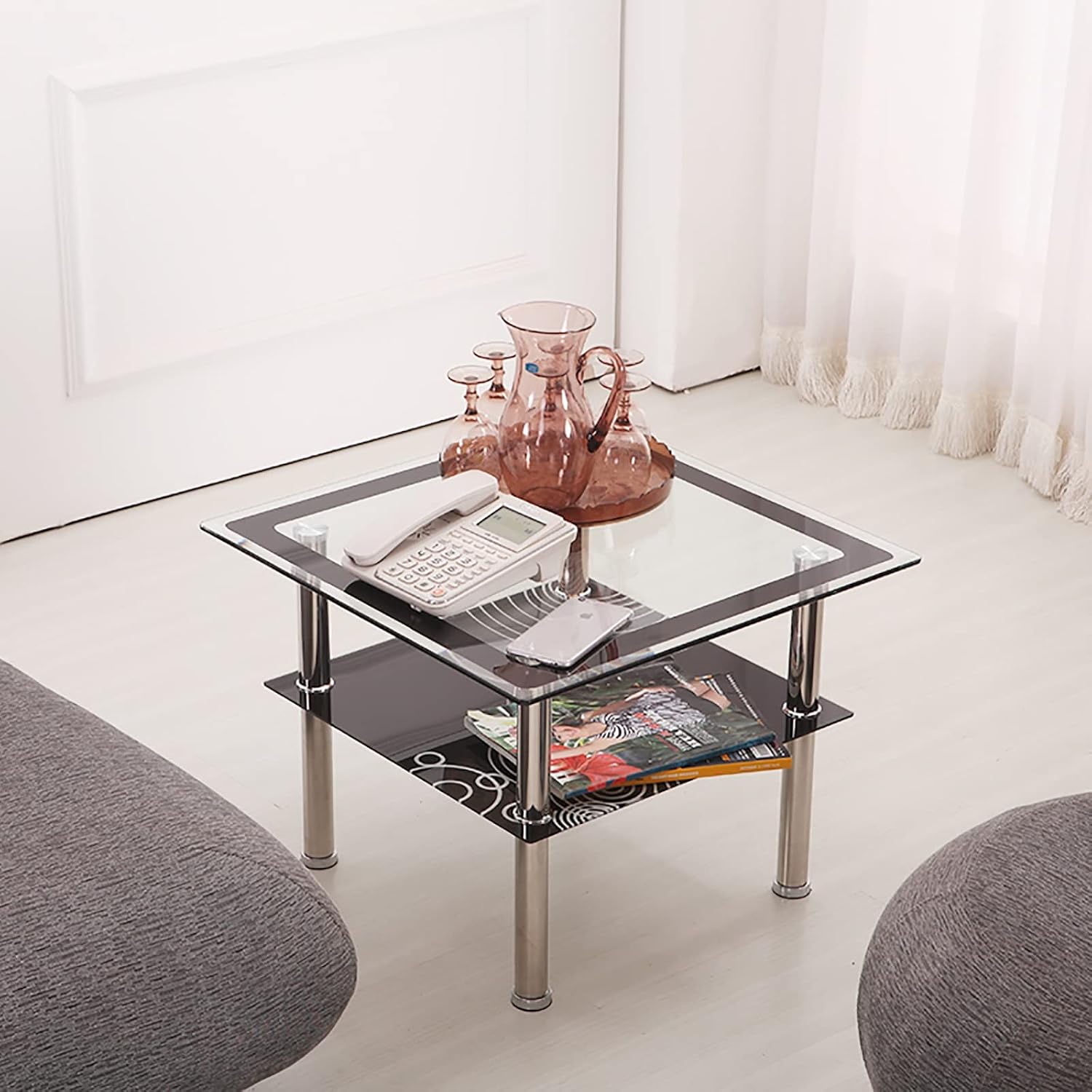 Side Table/End Table,2 Tier Square Sofa Side End Tables,Tempered Glass Bedside Tables,Stainless Steel Legs, Storage Shelf