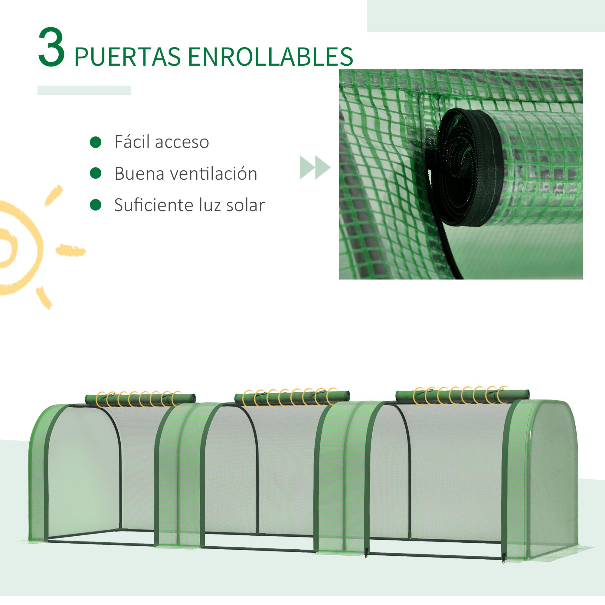 Outsunny Invernadero de Exterior 295x100x80 cm Invernadero de Jardín con 3 Puertas Enrollables Marco de Acero para Cultivos Plantas Flores Verde