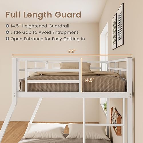 Miniatura 13 de DORTALA Litera de tamaño individual sobre matrimonial, marco de cama de metal con escalera, riel de seguridad y listones de acero, literas que Negro