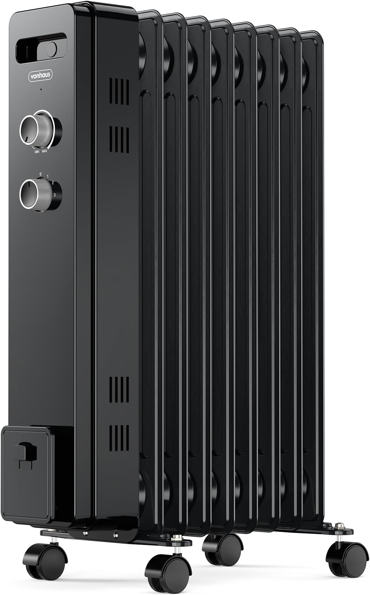 VonHaus Oil Filled Radiator 9 Fin โ Oil Heater Portable Electric Free Standing 2000W for Home, Office, Any Room โ Adjustable Thermostat, 3 Heat Settings, 4x Wheels, 1.5m Power Cable โ 2 Year Warranty