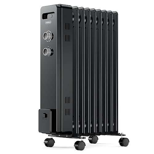 VonHaus Oil Filled Radiator 9 Fin – Oil Heater Portable Electric Free Standing 2000W for Home, Office, Any Room – Adjustable Thermostat, 3 Heat Settings, 4x Wheels, 1.5m Power Cable – 2 Year Warranty - 9 Fin - Black