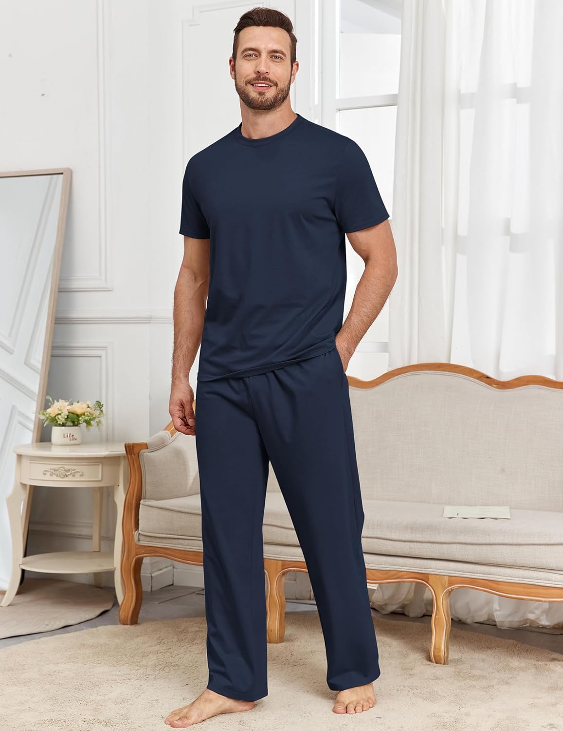 Andeip Mens Pajamas Set 3 Pieces Comfy Lounge Pj Loose Fit Sleepwear Crewneck Top Loungewear Pajama with Pockets