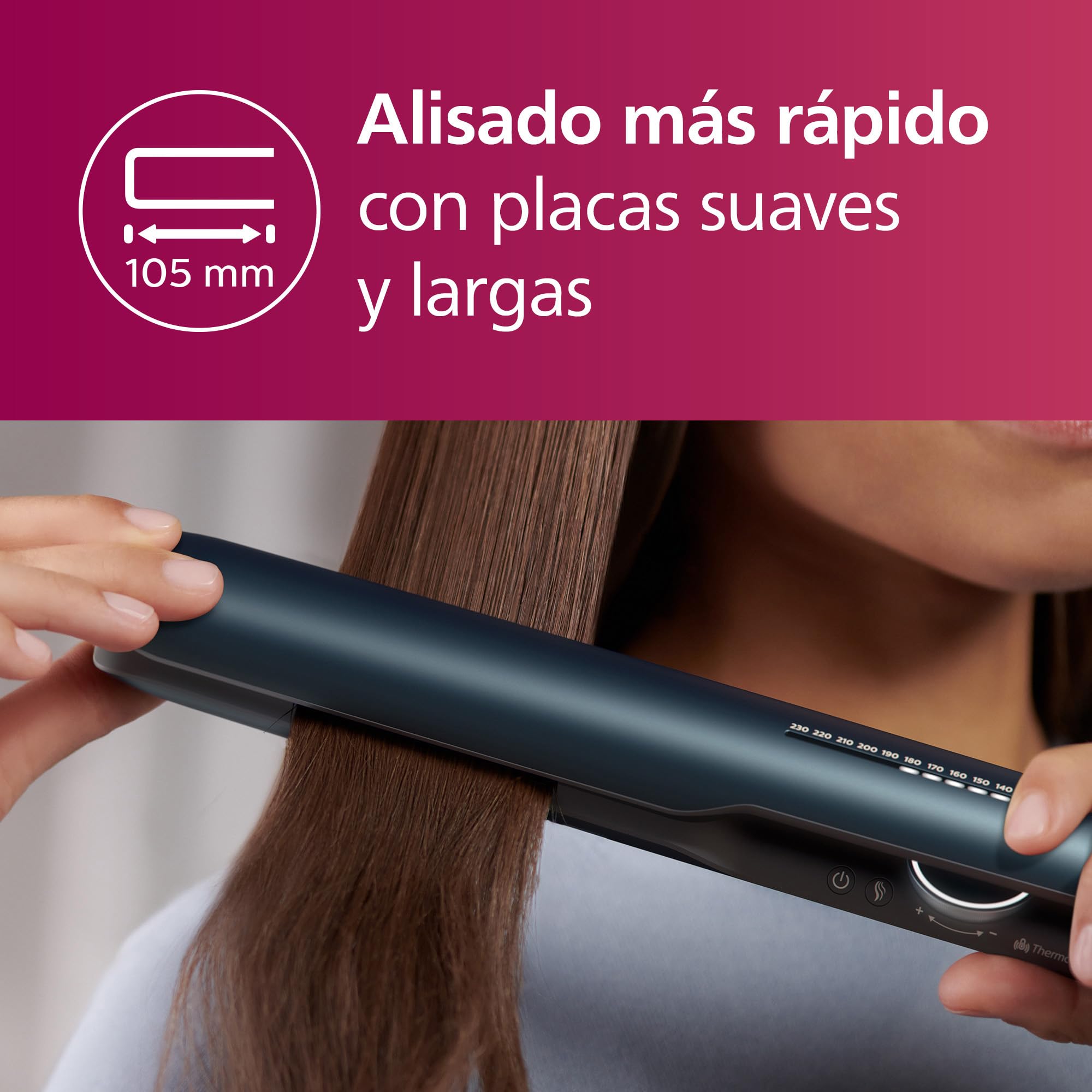 Philips Plancha de pelo serie 7000 con tecnología ThermoShield, Iones, Placas de 105mm de Largo Flotantes con Aceite de Argan, 50% más rapida, BHS732/00, Azul