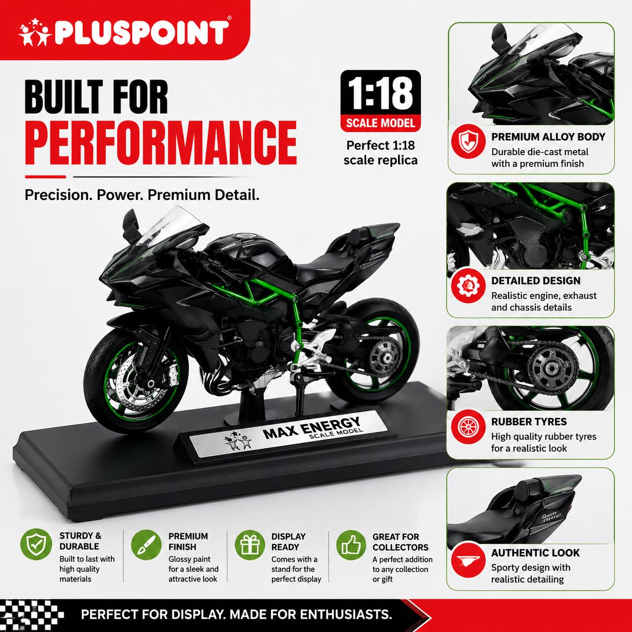 PLUSPOINT Diecast H2R Ninja Bike Motorcycle Toy Bike Scale Model Vehicles Alloy Simulation Superbike Also for Car Dashboard Kids Adult Alloy Highly Simulation Model Vehicle Motorbike Street Machine — Amazon image 2