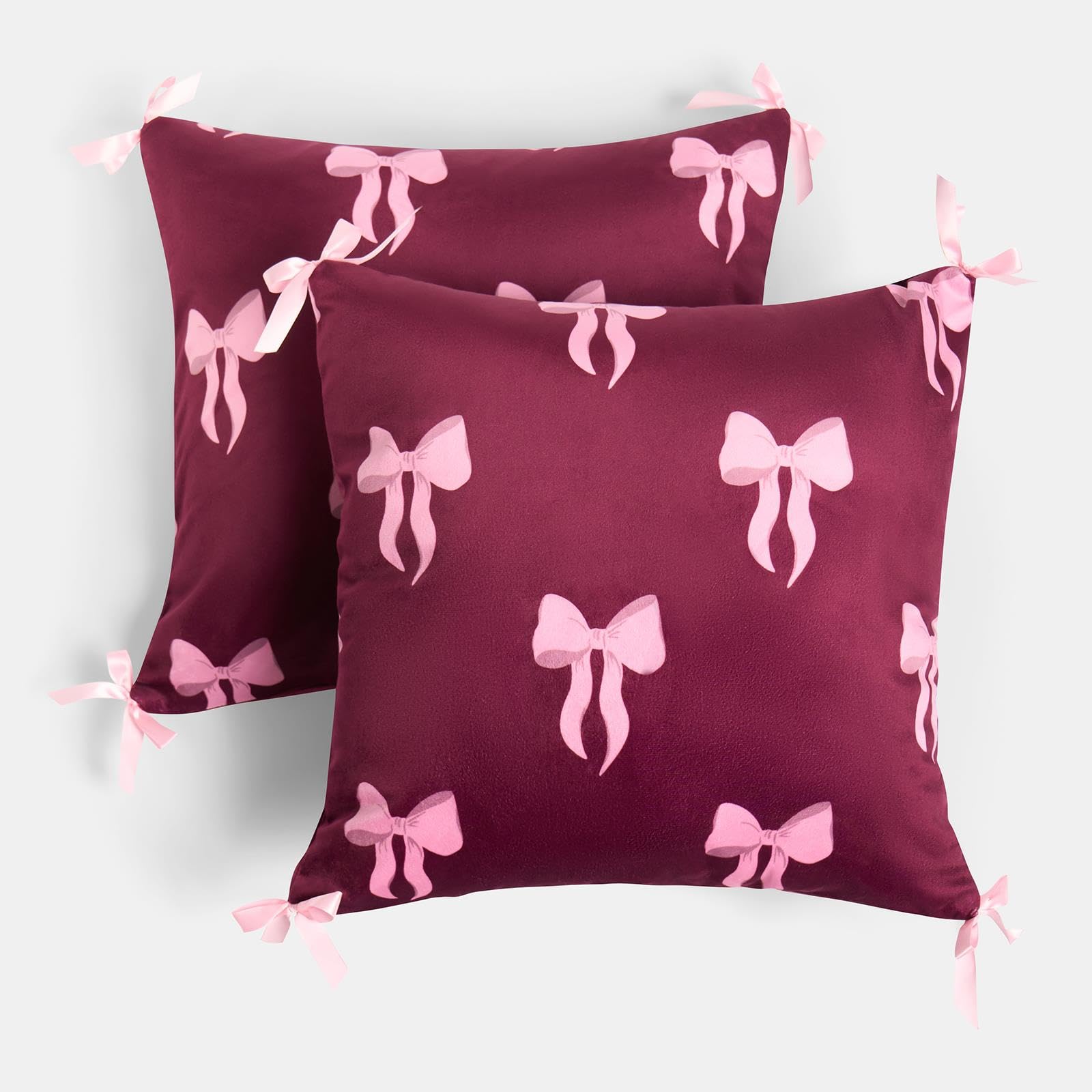 Ohs Women's Burgundy Bow Cushion Covers Set Of 2, Matte Velvet Bow Print Decorative Square Throw Pillow Cover With Invisible Home Decor Cushion Covers 45 X 45 For Living Room Bedroom,