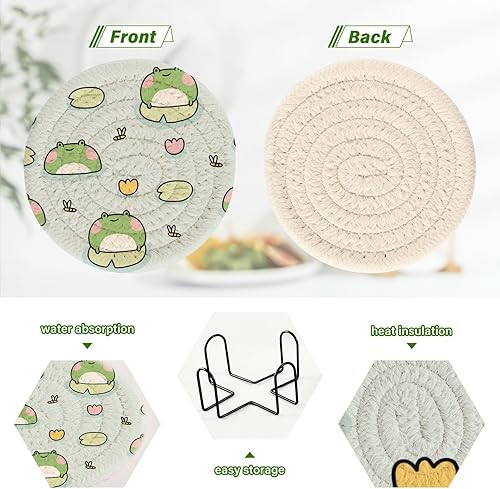 Miniatura 4 de Cute Frog Coasters Absorbant Set of 6 with Holder Coasters for Coffee Table Minimalist Coasters Posavasos para Mesa