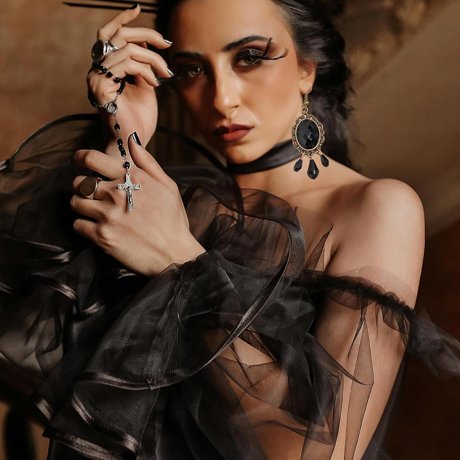 Gothic Crystal Cameo Earrings Vintage Hollow Out Tassel Earrings Colourful Crystal Dangle Earrings Punk Vampire Dark Halloween Fashion Jewelry for Women - Image 2